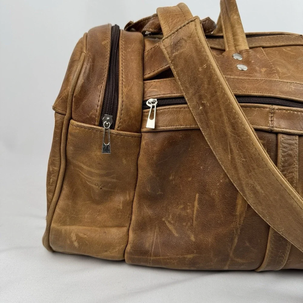 Vtg Tan Leather Duffle Bag Travel Weekender Gym Luggage Side Grab Handles 22
